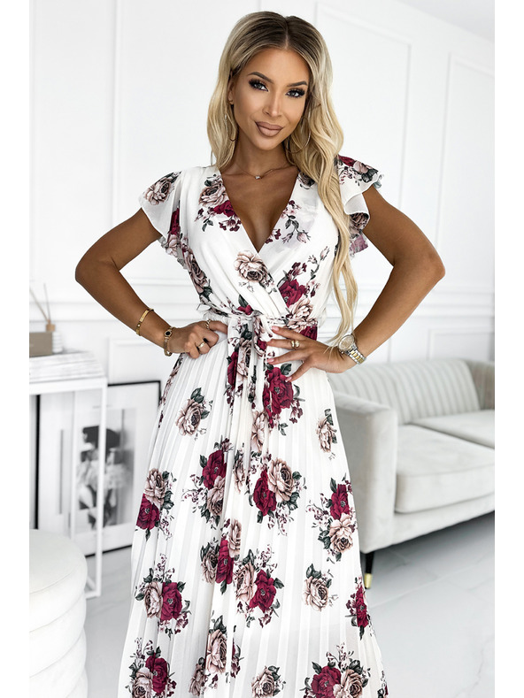 numoco Naguban midi kroj z izrezom in volani - temno rdeče vrtnice