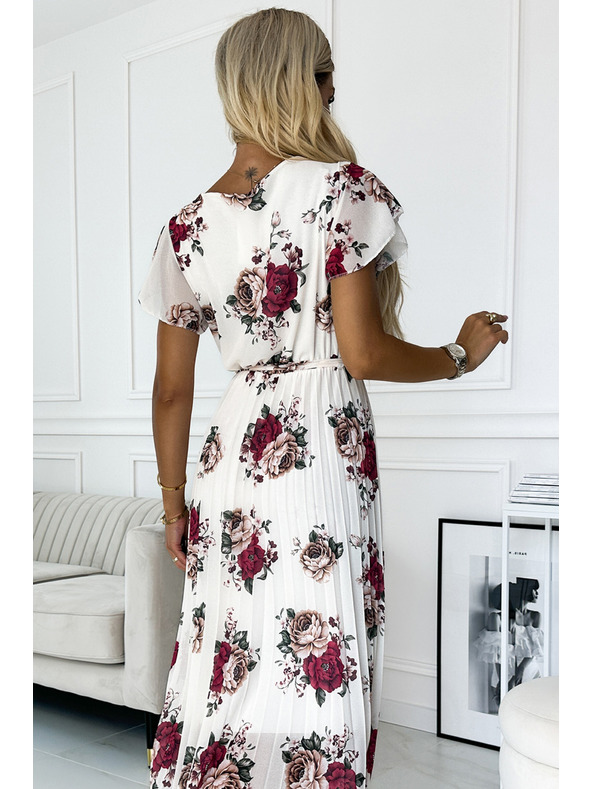 numoco Naguban midi kroj z izrezom in volani - temno rdeče vrtnice