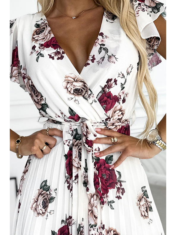 numoco Naguban midi kroj z izrezom in volani - temno rdeče vrtnice