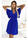 numoco Modra ženska obleka z izrezom v obliki svinčnika, rokavi in pasom Numoco