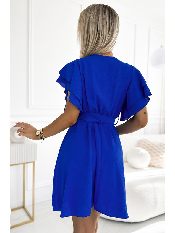 numoco Modra ženska obleka z izrezom v obliki svinčnika, rokavi in pasom Numoco