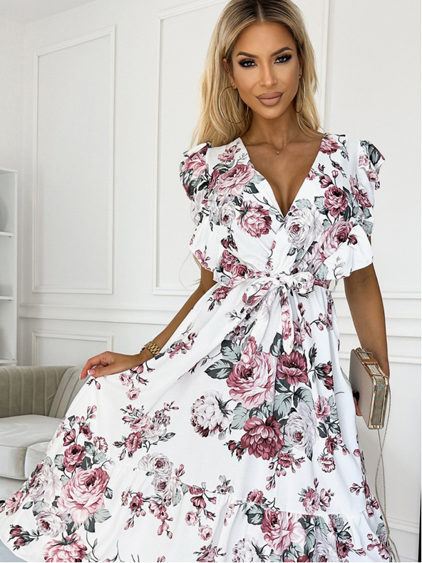 numoco Obleka z volančki, izrezom in zavezovanjem - bela z vrtnicami v bordo barvi Numoco GABRIELLA