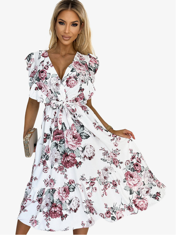 numoco Obleka z volančki, izrezom in zavezovanjem - bela z vrtnicami v bordo barvi Numoco GABRIELLA