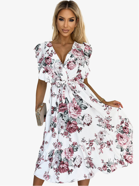 numoco Obleka z volančki, izrezom in zavezovanjem - bela z vrtnicami v bordo barvi Numoco GABRIELLA