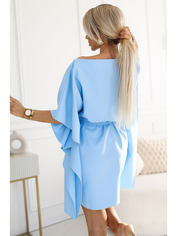 numoco Svetlomodra ženska obleka z metulji in zavezovanjem v pasu Numoco