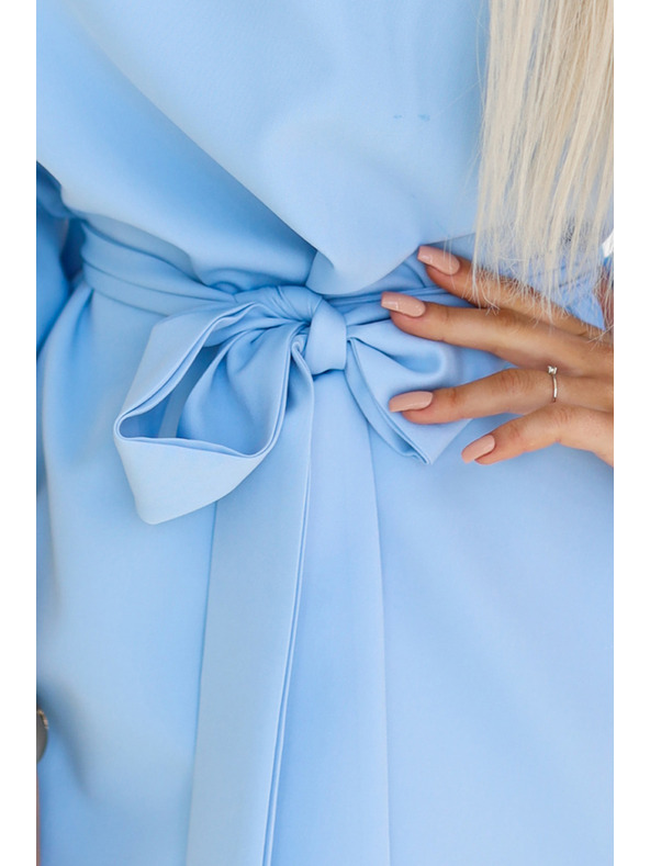 numoco Svetlomodra ženska obleka z metulji in zavezovanjem v pasu Numoco