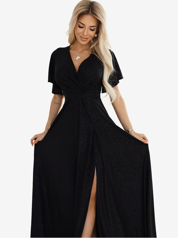 numoco Črna ženska svetleča dolga obleka z rokavi in izrezom Numoco