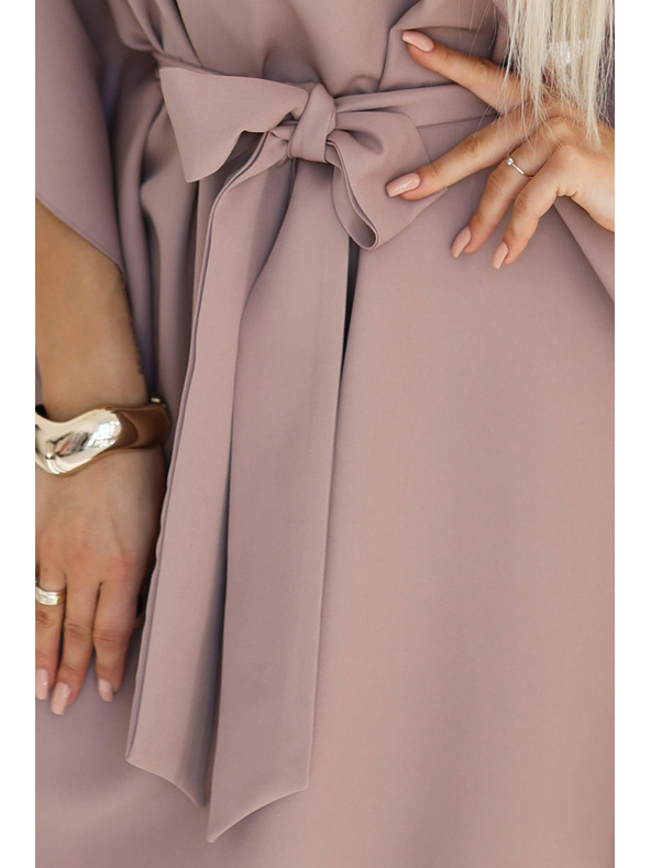 numoco Bež ženska obleka z metulji in zavezovanjem v pasu Numoco