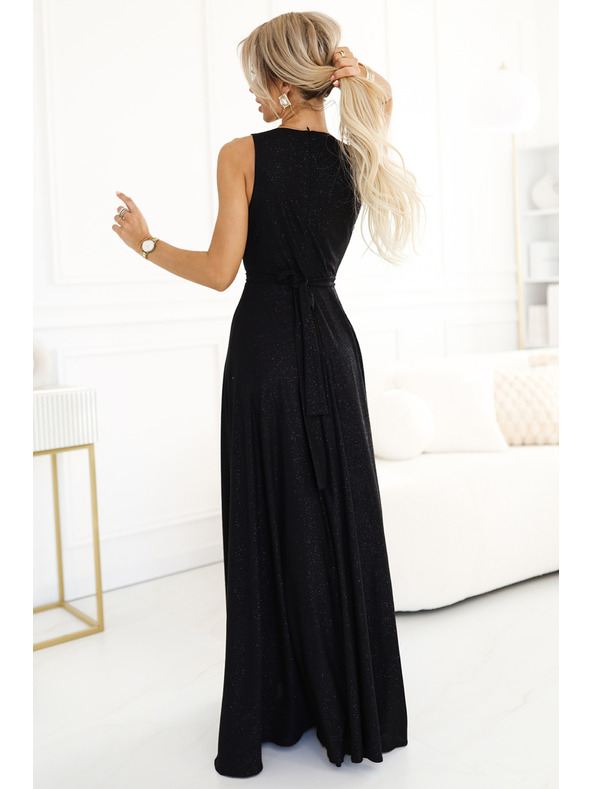 numoco Črna ženska dolga satenasta obleka z izrezom in razporkom Numoco