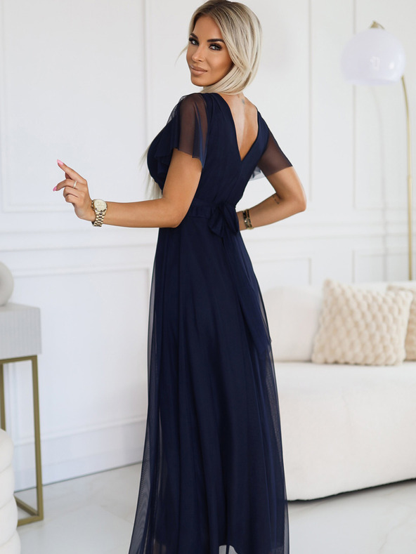 numoco NASTIA Dolga obleka z dekoltejem in kratkimi rokavi - mornarsko modra Numoco