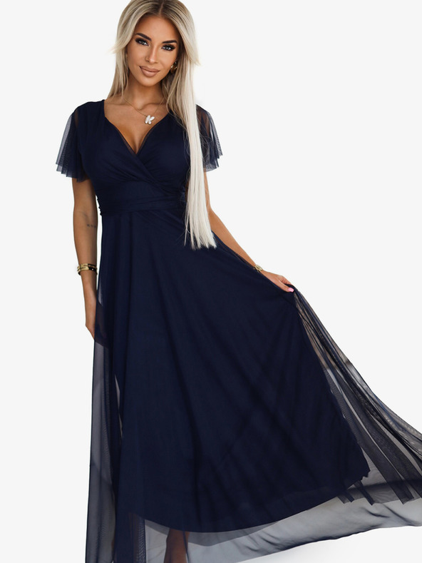 numoco NASTIA Dolga obleka z dekoltejem in kratkimi rokavi - mornarsko modra Numoco