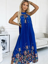numoco Plisirana satenova maksi obleka - modra z rožami Numoco ESTER