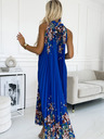 numoco Plisirana satenova maksi obleka - modra z rožami Numoco ESTER