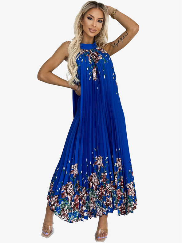numoco Plisirana satenova maksi obleka - modra z rožami Numoco ESTER