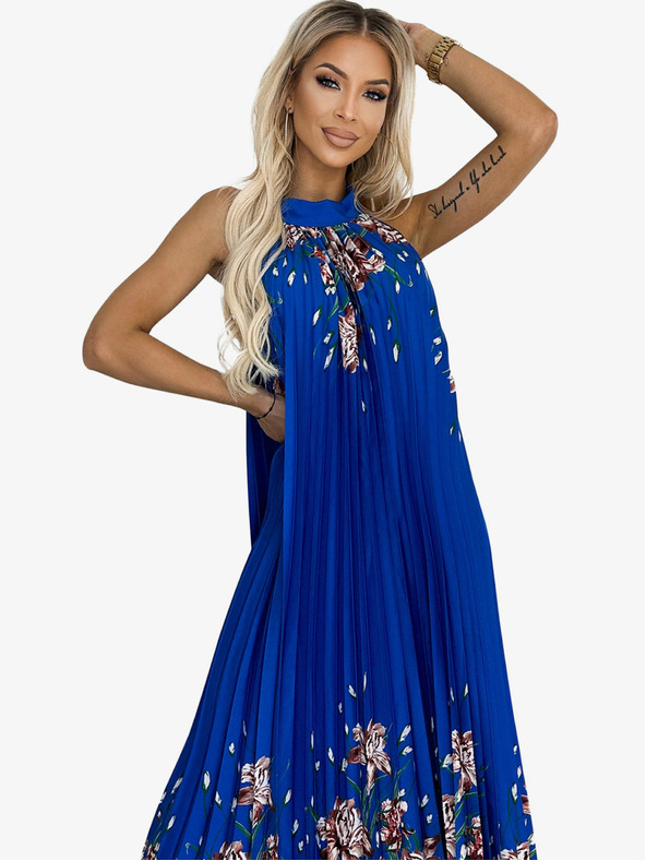 numoco Plisirana satenova maksi obleka - modra z rožami Numoco ESTER
