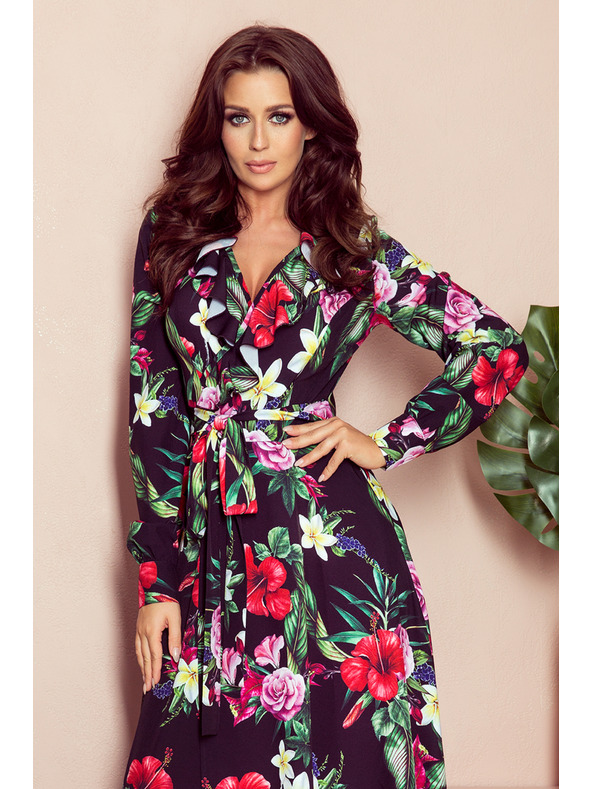 numoco Črna ženska dolga cvetlična obleka z volančastim izrezom Numoco