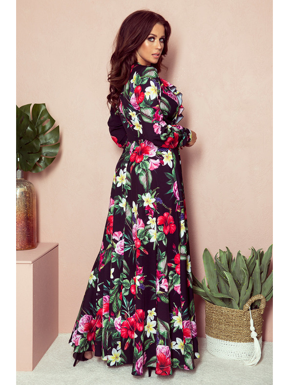 numoco Črna ženska dolga cvetlična obleka z volančastim izrezom Numoco