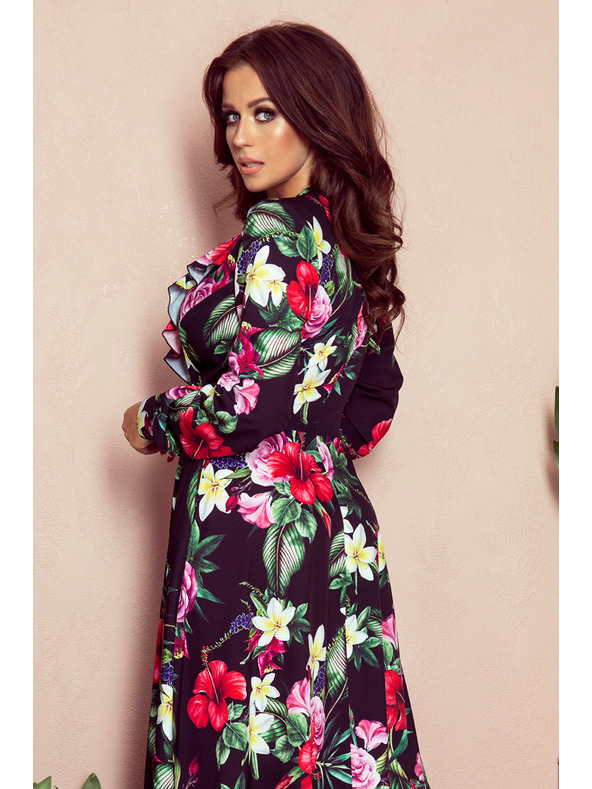 numoco Črna ženska dolga cvetlična obleka z volančastim izrezom Numoco