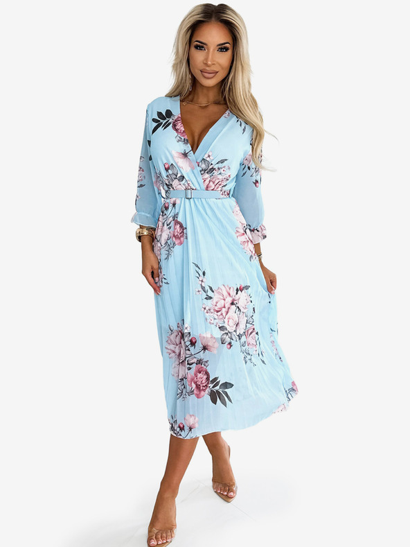 numoco Plisirana midi obleka z izrezom in pasom - vrtnica na modri podlagi Numoco YUNA