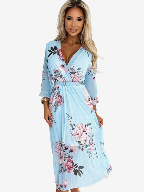 numoco Plisirana midi obleka z izrezom in pasom - vrtnica na modri podlagi Numoco YUNA