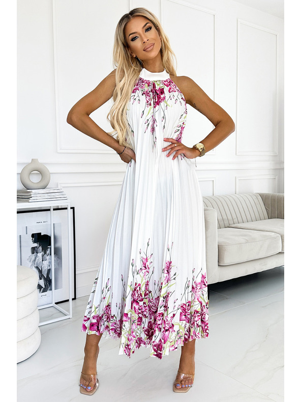 numoco Nagubana satensta maksi obleka - bela z rožnatimi cvetovi Numoco ESTER