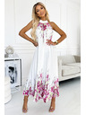 numoco Nagubana satensta maksi obleka - bela z rožnatimi cvetovi Numoco ESTER