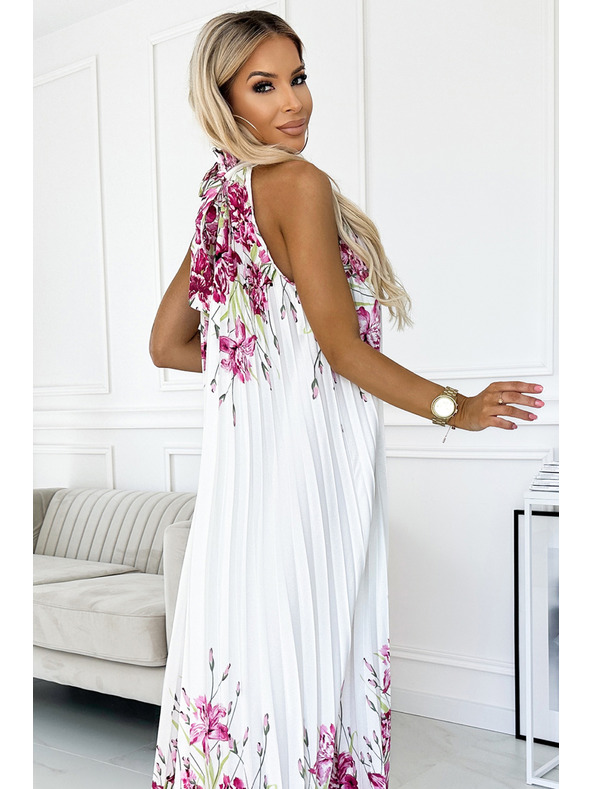numoco Nagubana satensta maksi obleka - bela z rožnatimi cvetovi Numoco ESTER