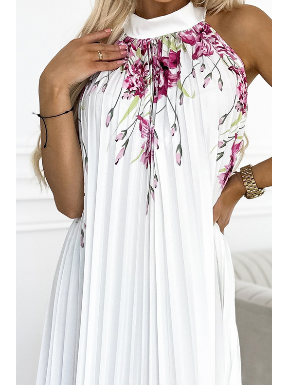 numoco Nagubana satensta maksi obleka - bela z rožnatimi cvetovi Numoco ESTER