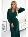 numoco VIVIANA Plisirana midi obleka z izrezom, dolgimi rokavi in širokim pasom - zelena Numoco