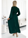 numoco VIVIANA Plisirana midi obleka z izrezom, dolgimi rokavi in širokim pasom - zelena Numoco
