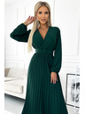 numoco VIVIANA Plisirana midi obleka z izrezom, dolgimi rokavi in širokim pasom - zelena Numoco