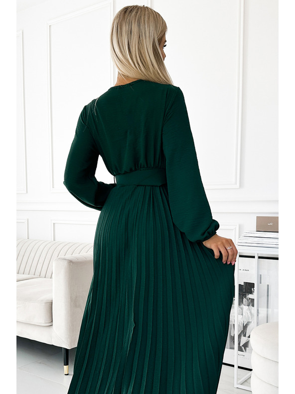 numoco VIVIANA Plisirana midi obleka z izrezom, dolgimi rokavi in širokim pasom - zelena Numoco
