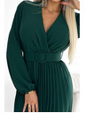 numoco VIVIANA Plisirana midi obleka z izrezom, dolgimi rokavi in širokim pasom - zelena Numoco