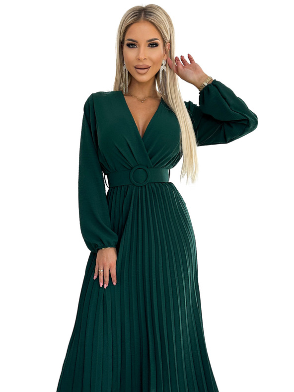 numoco VIVIANA Plisirana midi obleka z izrezom, dolgimi rokavi in širokim pasom - zelena Numoco