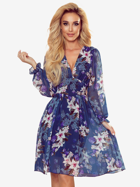 numoco Šifonska obleka z izrezom - temno modra z rožami Numoco FRANCES