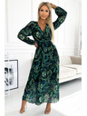 numoco Plisirana dolga obleka iz šifona z izrezom, dolgimi rokavi in pasom - zeleni listi Numoco