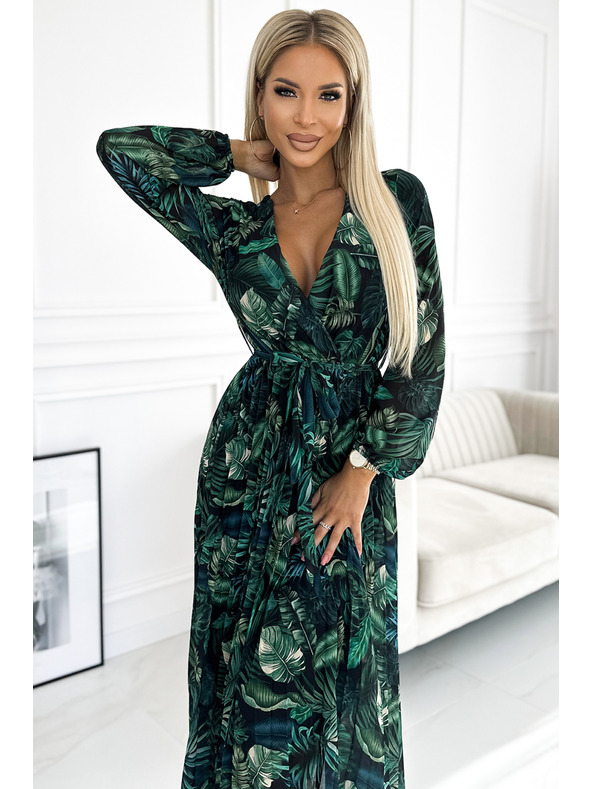 numoco Plisirana dolga obleka iz šifona z izrezom, dolgimi rokavi in pasom - zeleni listi Numoco