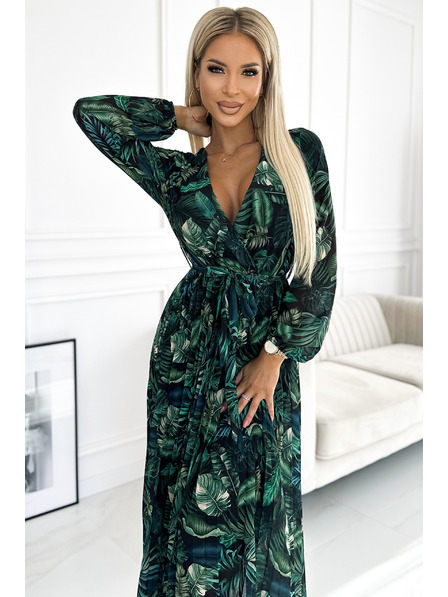numoco Plisirana dolga obleka iz šifona z izrezom, dolgimi rokavi in pasom - zeleni listi Numoco