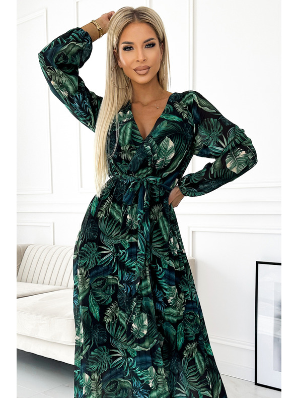numoco Plisirana dolga obleka iz šifona z izrezom, dolgimi rokavi in pasom - zeleni listi Numoco