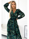 numoco Plisirana dolga obleka iz šifona z izrezom, dolgimi rokavi in pasom - zeleni listi Numoco