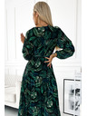 numoco Plisirana dolga obleka iz šifona z izrezom, dolgimi rokavi in pasom - zeleni listi Numoco