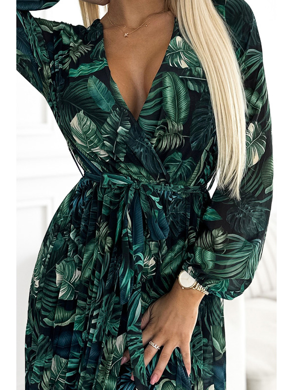 numoco Plisirana dolga obleka iz šifona z izrezom, dolgimi rokavi in pasom - zeleni listi Numoco