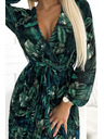 numoco Plisirana dolga obleka iz šifona z izrezom, dolgimi rokavi in pasom - zeleni listi Numoco