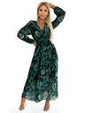 numoco Plisirana dolga obleka iz šifona z izrezom, dolgimi rokavi in pasom - zeleni listi Numoco