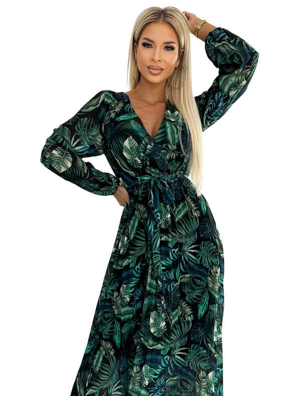 numoco Plisirana dolga obleka iz šifona z izrezom, dolgimi rokavi in pasom - zeleni listi Numoco