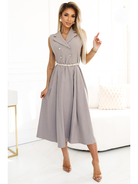 numoco Elegantna midi srajčna obleka z zlatimi gumbi in pasom - siva