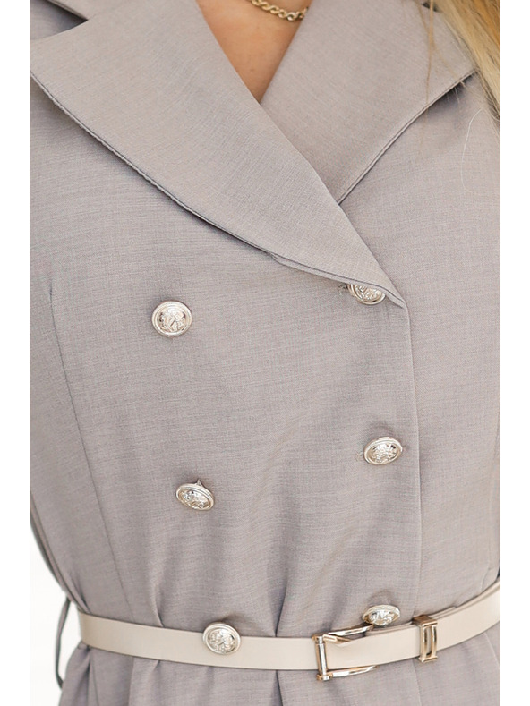 numoco Elegantna midi srajčna obleka z zlatimi gumbi in pasom - siva