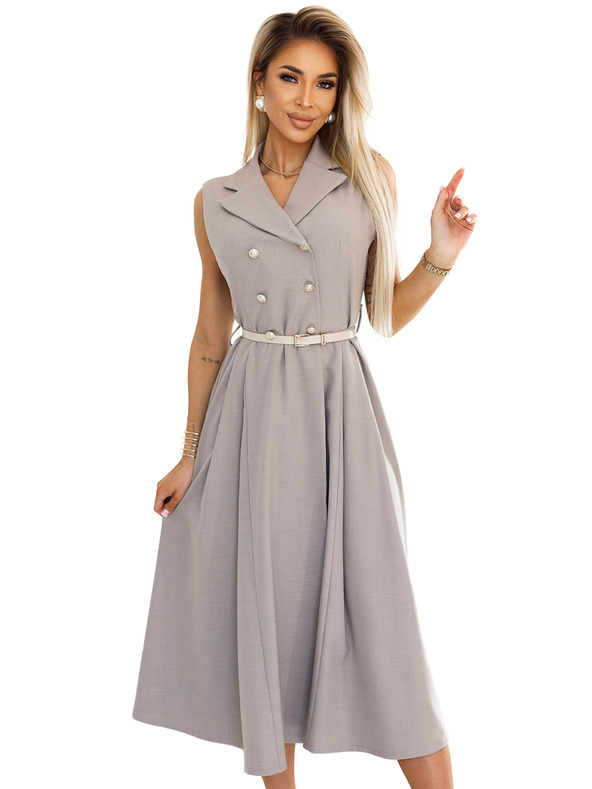 numoco Elegantna midi srajčna obleka z zlatimi gumbi in pasom - siva