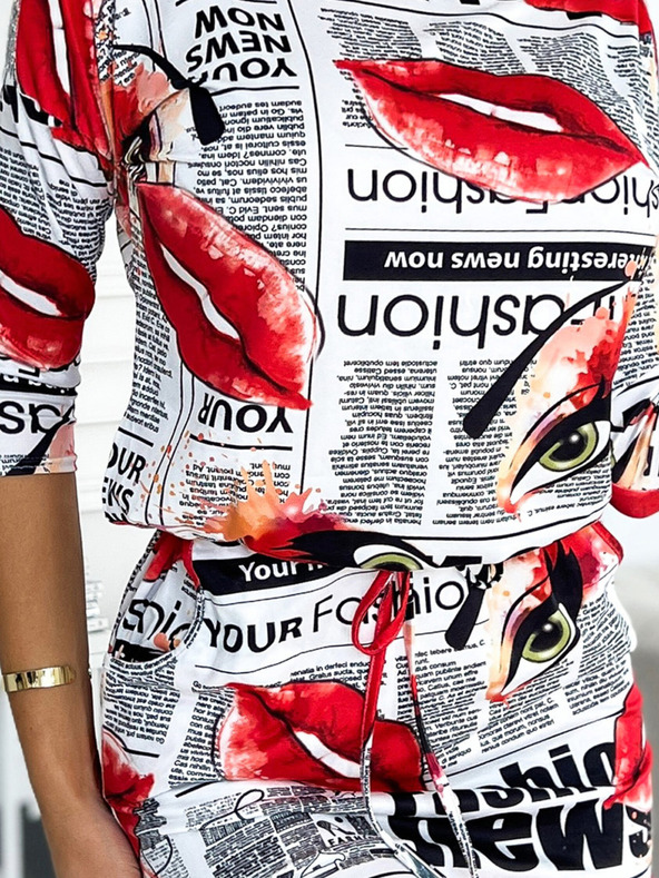 numoco Športna obleka z žepi - bela z rdečimi ustnicami Numoco