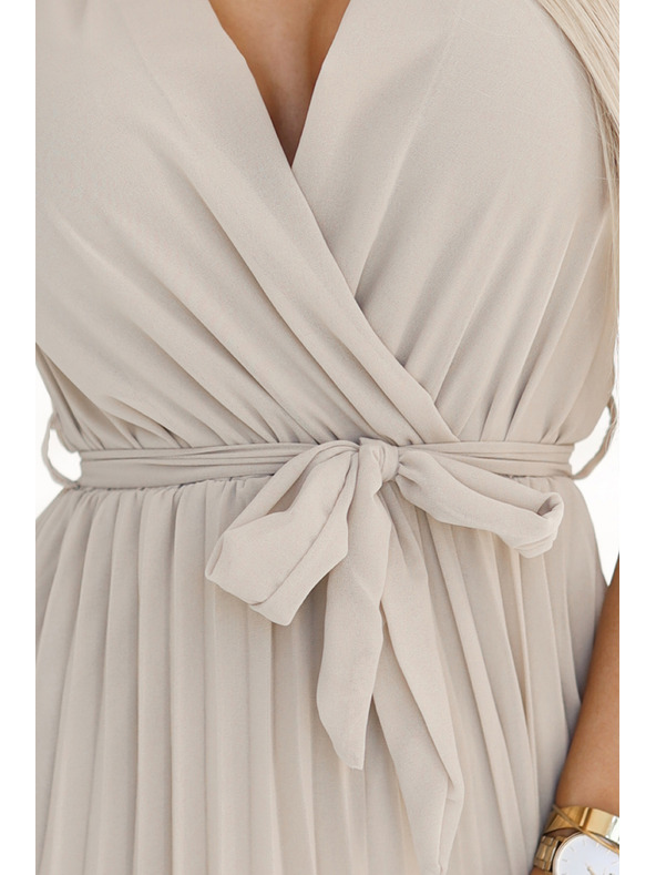 numoco Bež ženska obleka iz šifona z volančastim izrezom Numoco